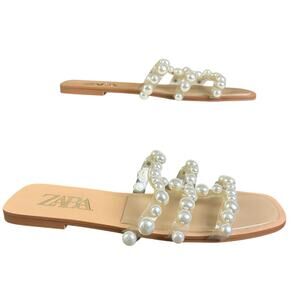 Zara Sandals Women Sz 40 (US 9) Clear Strap Pearl Embellished Coastal Slide Flat